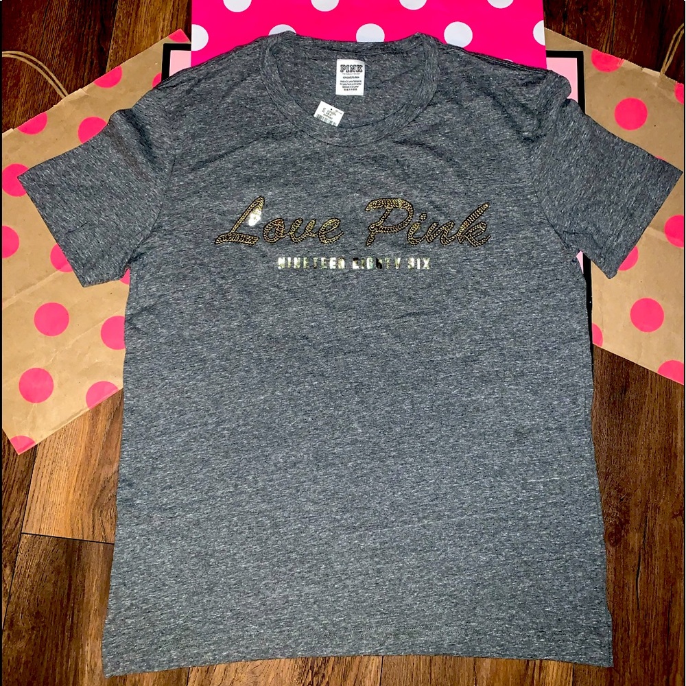 NEW VS PINK size SMALL Marl Grey with Gold Bling Logo Short Sleeve Tee.
